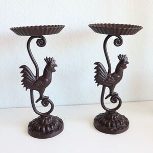 Vintage Rooster Candle Holders Pair Tea Light Chicken Metal Farmhouse Country